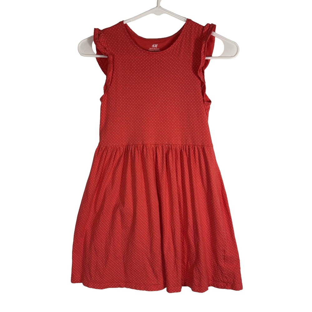 H&M Kids Pink Coral Polka Dot Ruffle‎ Sleeve Organic Cotton Dress Size 8-10Y